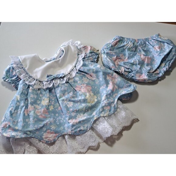 Vtg Bryan Baby Girl 6-9 Months Floral Tiered Dress Pastel Lace Bow Collar 2 Pc - Picture 1 of 13